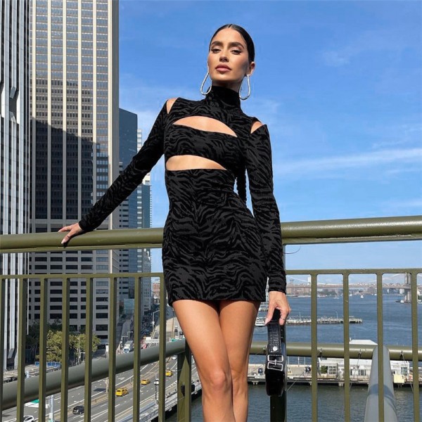 Fashion Black Print Long Sleeves Mini Women Sexy Casual Party Bodycon Dresses