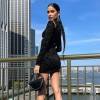 Fashion Black Print Long Sleeves Mini Women Sexy Casual Party Bodycon Dresses