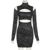 Fashion Black Print Long Sleeves Mini Women Sexy Casual Party Bodycon Dresses