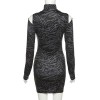 Fashion Black Print Long Sleeves Mini Women Sexy Casual Party Bodycon Dresses