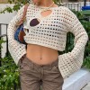Hollow Out Cropped Knit Smock Top Women Vintage Loose Distressed Crochet Pullovers Crop Tops Sweater Cover-up