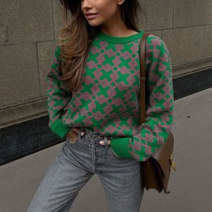 Women Geometric Print Sweater Pullover Knitted Winter Loose Long Sleeve Tops Female Casual O Neck Fashion Jumper Sweaters