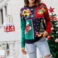 Women Christmas Sweater Cartoon Print O-Neck Long Sleeve Knitt Jumpers Tops Sweater Xmas Sweatshirt Winter Autumn