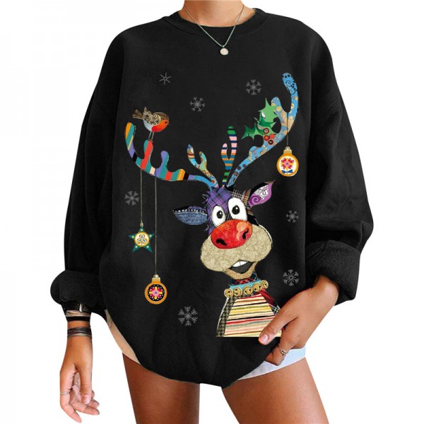 Christmas Sweater Women Autumn Winter O-neck Pullover Loose Long Sleeve Print Jumpers Warm Knit Sweatshirt Tops