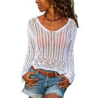 Fashion Women Hollow out Lace Sweater Elegant Long Sleeve Knit Pullover Top Ladies Boho Beach Knitwear