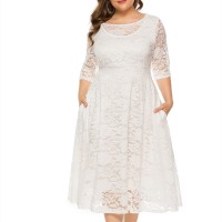 Women Round Neck Plus Size Evening Dress Luxury Midi Skirt Hollow Elegant Lace Dress