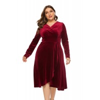 Woman Autumn Winter Plus Size Evening Dress Fashion High Waist Long Sleeves V-Neck Velvet Robe Party Oversize Clothing