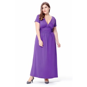 Women Short Sleeve V Neck Tight Waist Plus Size Maxi Evening Dress Spring Summer Long Party Dress