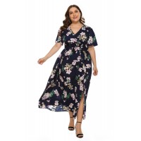 V-Neck Short-Sleeve Print Floral Dress Plus Size Dresses For Women 2022 Summer Slit Bohemian Bandage Maxi Dress