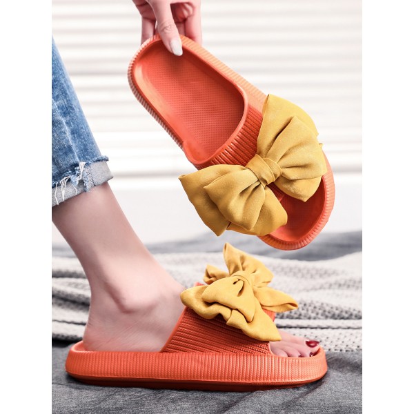 Handmade Bow Tie Slippers Summer Shoes for Women Non-Slip Thick Beach Sandals 2022 Fashion Soft Sole Eva Home Pink Slides